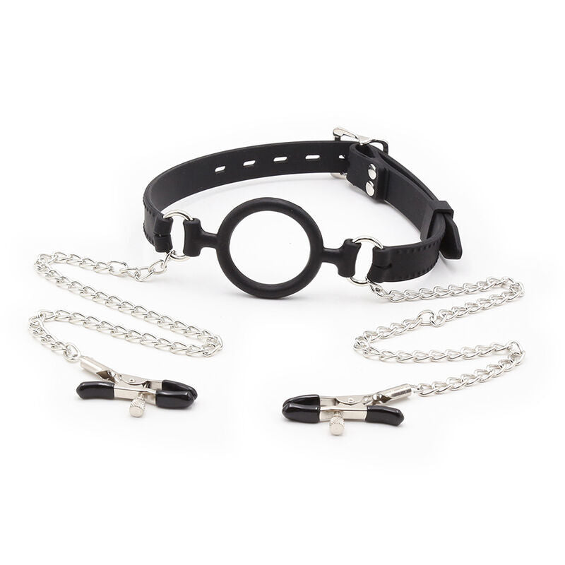 Bavaglio ad anello con catenelle e pinze per capezzoli -CHARME VIBE