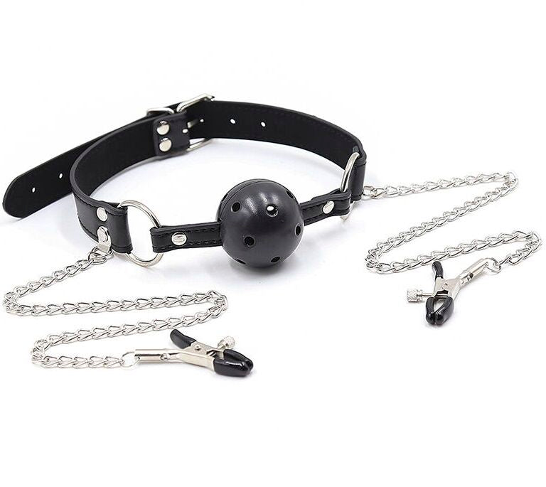 BALL GAG CON VENTOLE E MORSETTI PER CAPEZZOLI -CHARME VIBE