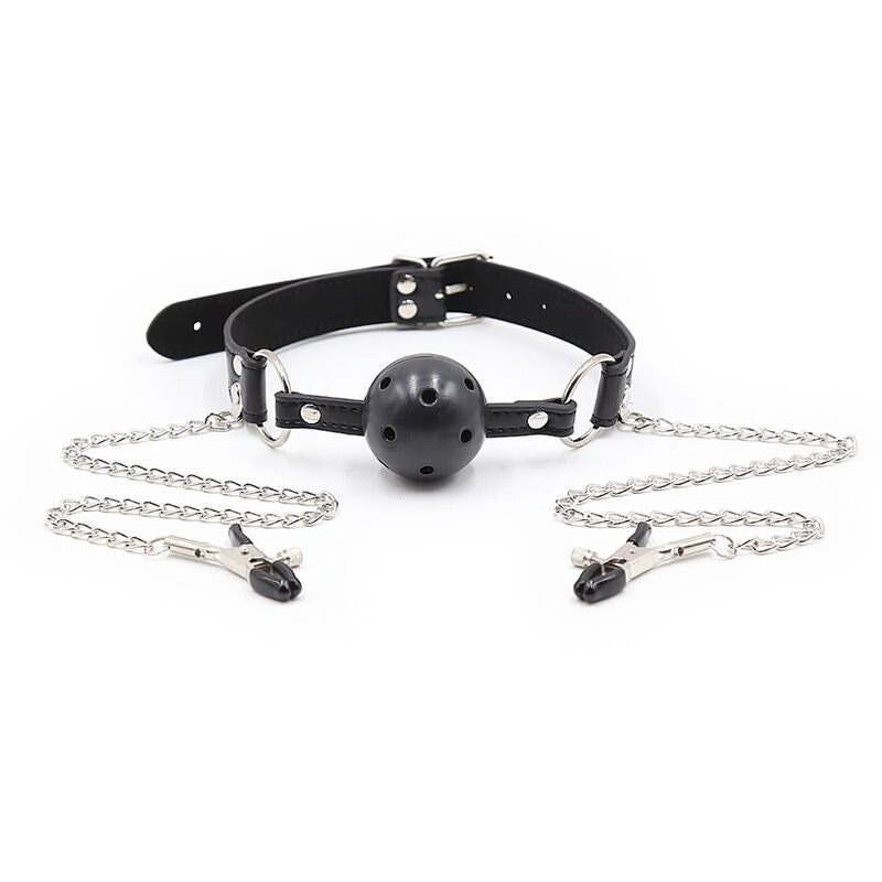 BALL GAG CON VENTOLE E MORSETTI PER CAPEZZOLI -CHARME VIBE