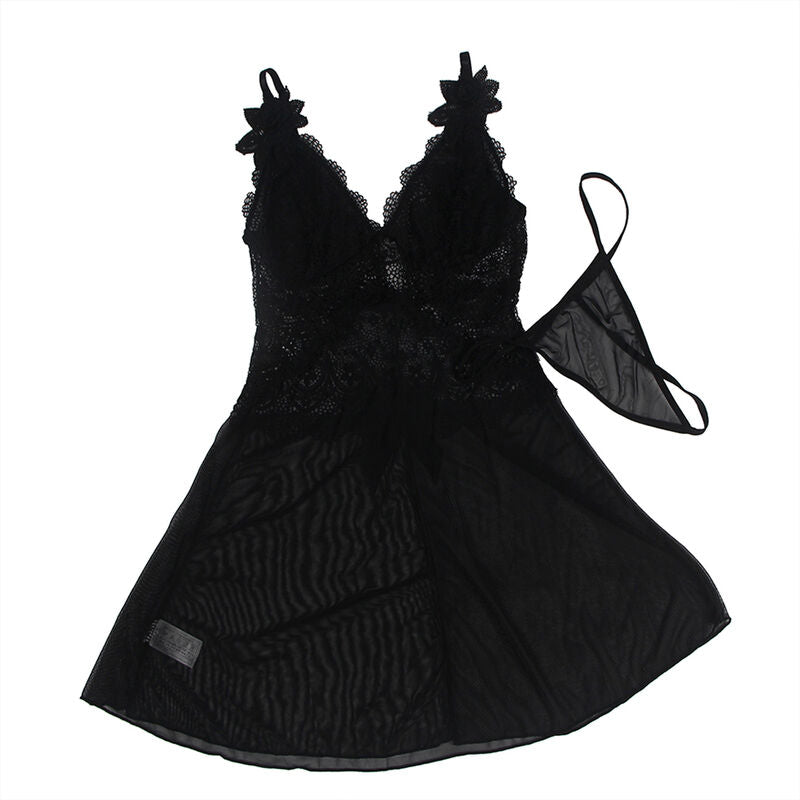 BABYDOLL TULLE CON DETTAGLI PIZZO E FIORI NERO S/M - CHARME VIBE