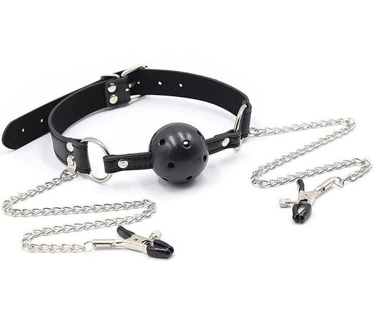BALL GAG CON VENTOLE E MORSETTI PER CAPEZZOLI -CHARME VIBE